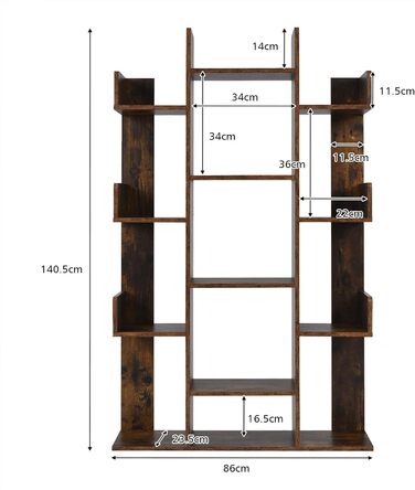Книжкова шафа COSTWAY у формі дерева, полиця для документів з 13 полицями, кутова полиця стояча, окремо стояча офісна полиця, настінна полиця Декоративна полиця для презентацій та книг, перегородка для вітальні та офісу, вінтажний коричневий