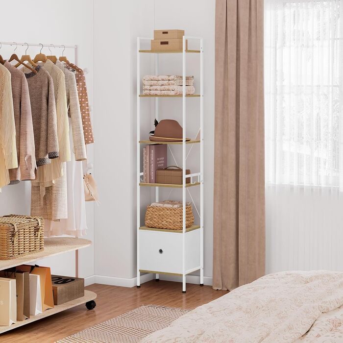 Стелаж WOLTU з 5 полицями та 2 висувними ящиками, 63x187x30 см, світлий дуб + білий