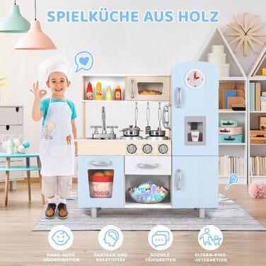 Дерев'яна дитяча кухня Mamizо з аксесуарами, 81x74x30 см, з підсвіткою та звуком, для дітей від 3 років, біло-блакитна