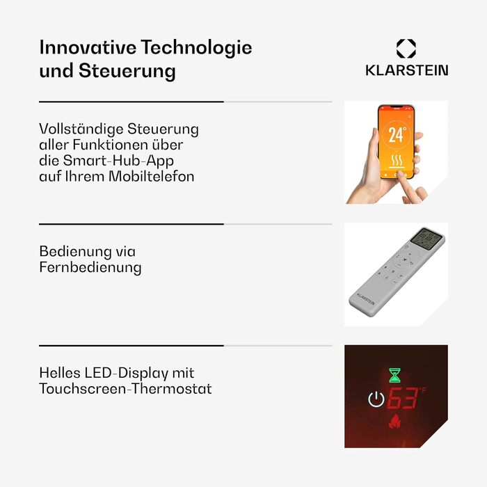 Електрокамін Klarstein Galeras Smart 1800 Вт, LED-полум'я, керування через додаток і пульт, регулювання кольору та яскравості, захист від перегріву, настінний, 127x47x13 см, чорний