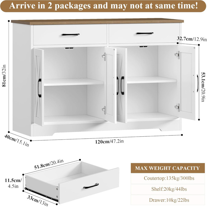 Sideboard HOCSOK 120 см: кухонний буфет з полицями, 2 шухляди, 4 дверцята, чорний та коричневий колір