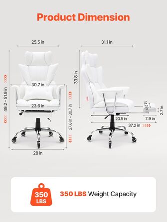 Крісло офісне VEVOR з PU шкірою, біле, для начальника з підніжкою, регульоване по висоті, до 181,43 кг, 860 x 610 мм, поворотне