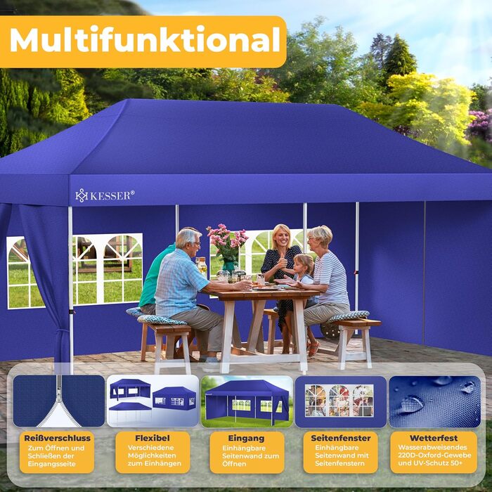 Павільйон KESSER® 6x3м з 6 знімними стінками, для саду, регульована висота, водовідштовхувальний, з сумкою, колісними анкерами, UV-захист 50+, для вечірок (Темно-синій)