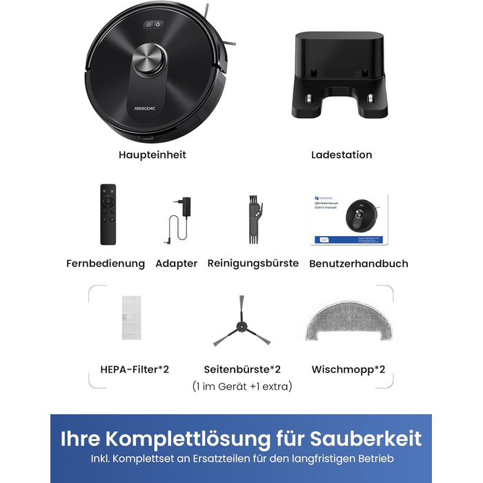 Робот-пилосос Proscenic Q10 з мокрою очисткою, 8000Pa, 200 хвилин роботи, лазерна навігація, керування через додаток, Alexa, Siri, Apple Watch, чорний