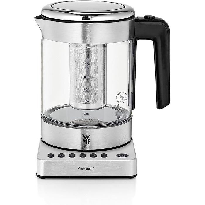 Електричний чайник-заварник WMF Küchenminis 2 в 1 з регулюванням температури, 1 л, 1900 Вт, скло, з тримачем для чайних пакетиків та ситом