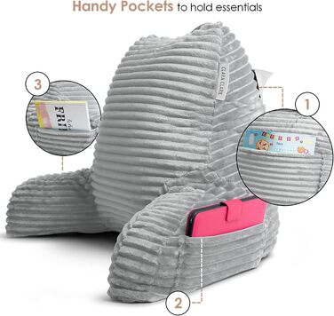 Крісло-лежак Clara Clark для дорослих - спинка для сидіння в ліжку, стандартна плюшева подушка для ліжка, подушка з подрібненим пінополіуретаном з підлокітниками та кишенями, сріблясто-сірий колір