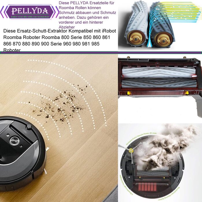 Запасні частини PELLYDA для Roomba, змінні роликові щітки для серій Roomba 800 і 900 800 850 860 861 866 870 880 890 900 980 985 Робот, запасні частини з 2 комплектами щіток для видалення бруду