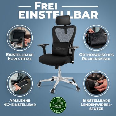 Крісло офісне Clouvou CleverSeat Ergonomiczne: регульоване, для офісу та геймінгу, чорне, до 150 кг