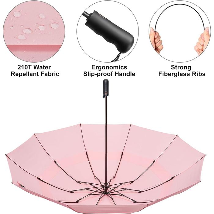 Складна парасолька G4Free 157,7 см, 10 ребер, міцна, автоматична, вітрозахисна та водонепроникна, рожева
