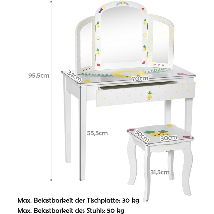 Туалетний столик DREAMADE Дитячий з табуретом і дзеркалом, туалетний столик принцеси, ніжки з соснового дерева, візерунок ананаса