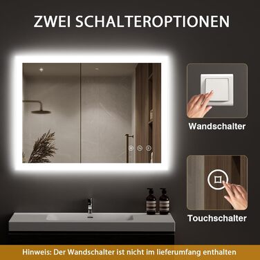 LED дзеркало для ванної кімнати 80x60 см з підсвічуванням, 3 кольори світла, регулювання яскравості, антизапарник, сенсорне керування, пам'ять, IP44, вологостійке