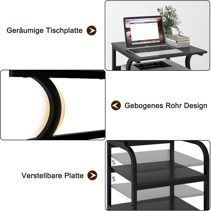 Регульований стіл для принтера PUNCIA з 3 полицями, з роликами, мобільний візок для принтера з дерева та металу, чорний (60 x 50 см)