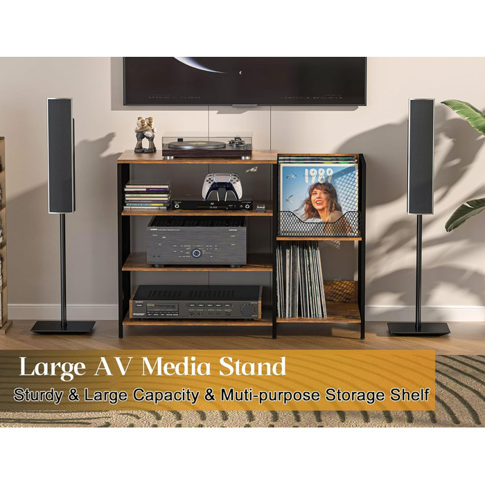 Підставка для програвача вінілу з місцем для зберігання платівок, до 200+ альбомів, медіа шафа, консольний столик, стійка для стерео, тумба, AV-стійка. Колір: русявий, розмір: великий