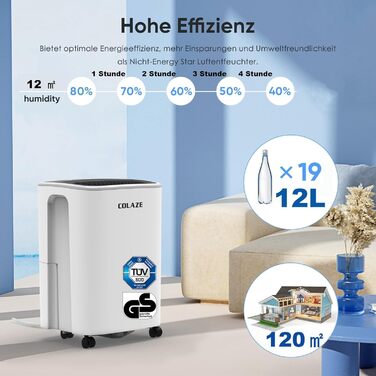 Електричний осушувач повітря COLAZE, 12л/24г, для приміщень до 120м³, тихий, з цифровим дисплеєм, для підвалу, спальні, ванної кімнати