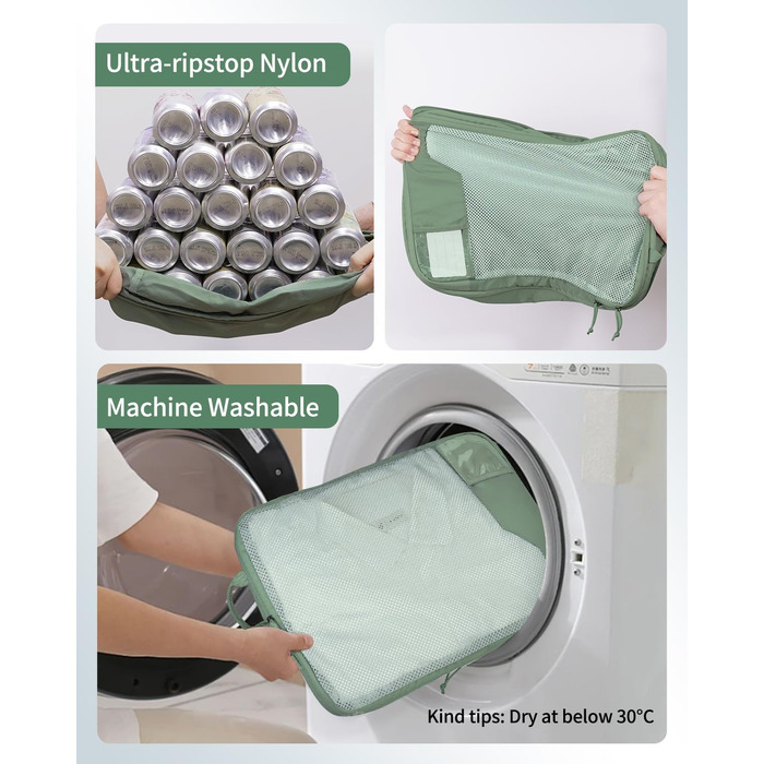 Набір компресійних органайзерів для валізи та рюкзака ECOHUB, 4 предмети, еко-серія з сіткою та бирками, зелений