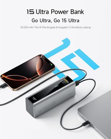 Power Bank CUKTECH 15 Ultra 20000mAh 165W з 3 портами, PD 3.1, цифровим дисплеєм. Сумісний з iPhone, MacBook, Samsung