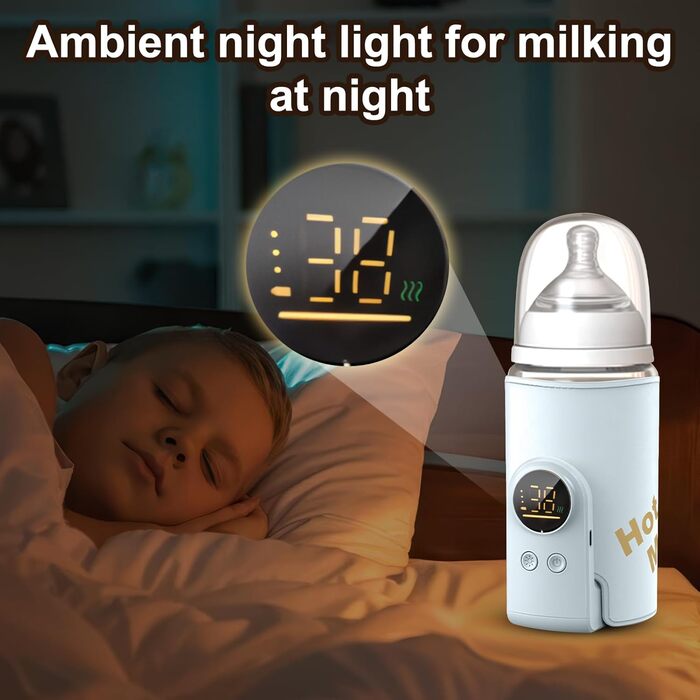 Підігрівач молока для дитячих пляшок з LED-дисплеєм, 8000mAh, USB-C, 6 температурних режимів, для подорожей, блакитний