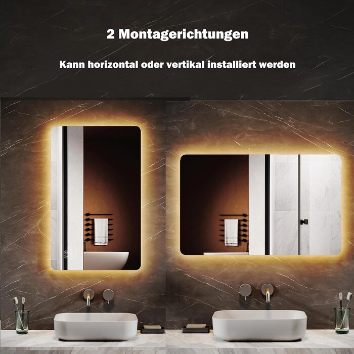 LED дзеркало для ванної кімнати з підсвічуванням 50x80 см, 3 колірні температури, IP44, тип F