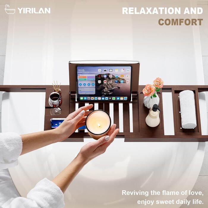 Підставка для ванни Yirilan, висувна, бамбукова, для 1-2 осіб, з тканиною (колір: коричневий)