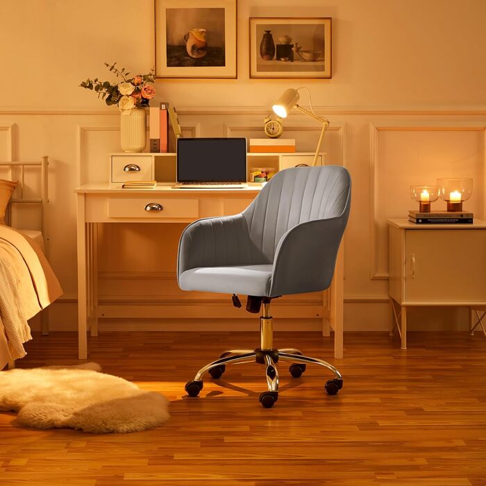 Крісло Yaheetech для дому та офісу: обертове, регульоване по висоті, з м'якою оксамитовою оббивкою, до 136 кг, сірий колір