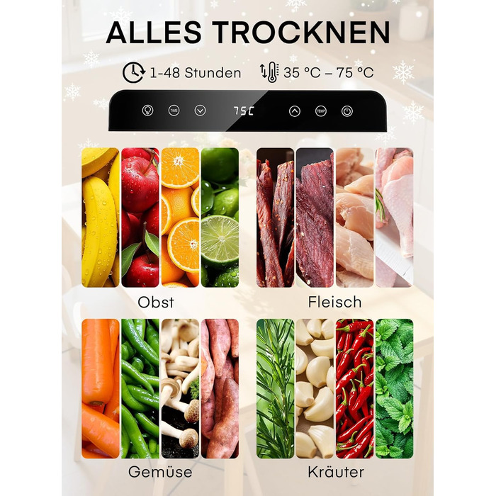 Електричний дегідратор FOHERE з нержавіючої сталі, 650W, 8 ярусів, таймер 48h, 35-75°C - для овочів, м'яса, трав, здорових перекусів та кемпінгу