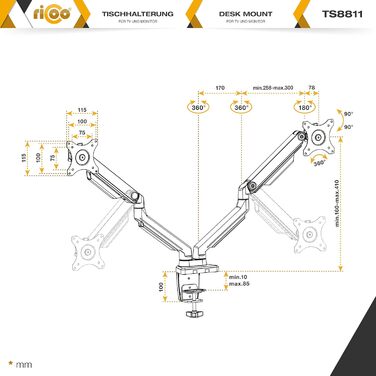 Підставка для монітора RICOO 2 монітори TS3911 з газовою пружиною, регулювання висоти, VESA 75x75/100x100, для моніторів 17-32 дюймів