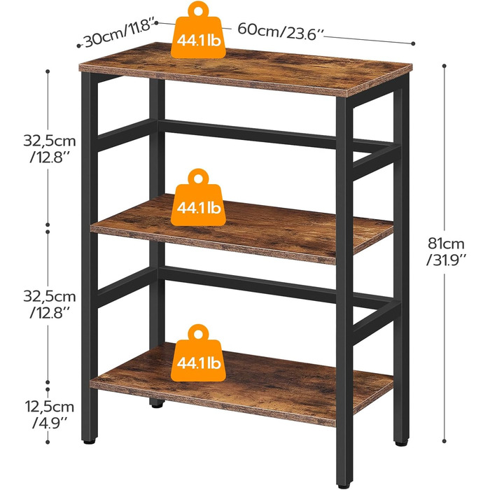 Полиця для сходів HOOBRO, 3 яруси, дизайн поперечини, металевий каркас, індустріальний стиль, вінтажний коричневий чорний