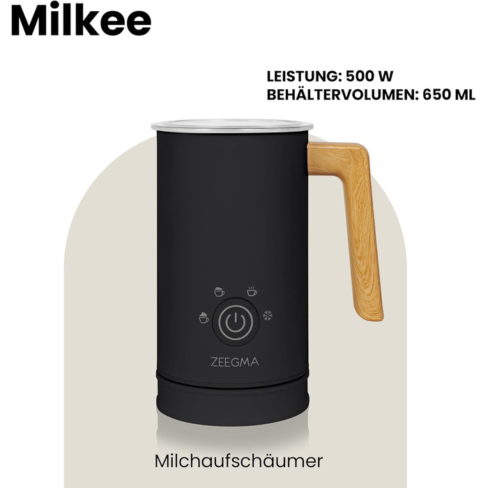 Електричний спінювач молока ZEEGMA MILKEE, 500 Вт, 650 мл, для капучино, лате, какао, антипригарне покриття, сенсорне керування (Чорний)