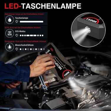 Powerbank Starthilfe NEXPOW 1500A: Зарядний пристрій для автомобіля, стартер, LED ліхтарик, USB, 12V, 1500A