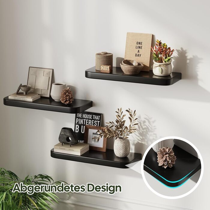 Набір з 3 настінних полиць Wandregal з дерева, чорного кольору - Плаваючі полиці з прихованим кріпленням для вітальні, спальні, кухні, для книг та декору