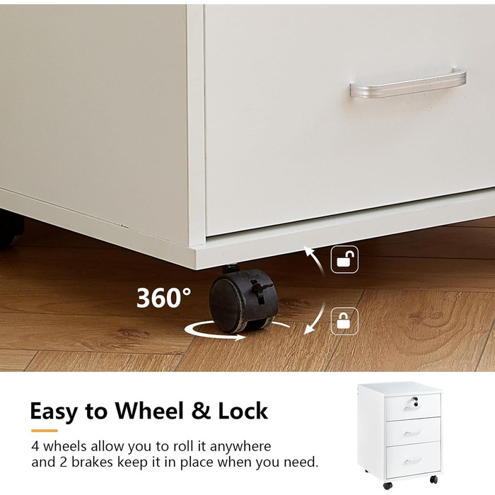 Тролейний контейнер TUKAILAI з 3 висувними ящиками, замок, для офісу, білий