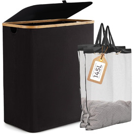 Кошик для білизни Rieeyrslza з кришкою 158 л з бамбука з 2 знімними мішками для білизни, Oxford, складний, для сортування, багатофункціональний, для ковдр та одягу (сірий) (чорний 145л)