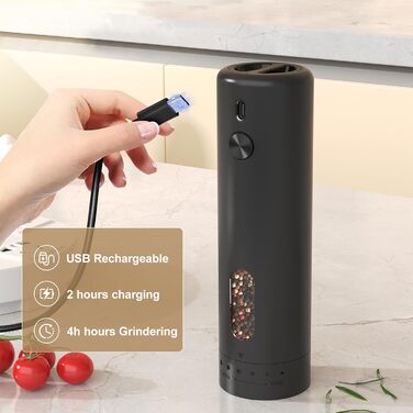 Електричний набір для солі та перцю з зарядною станцією, об'єм 110 мл, перезаряджувана соляна млинка з 5 рівнями, керамічна млинка з щіткою (1 шт, чорний)