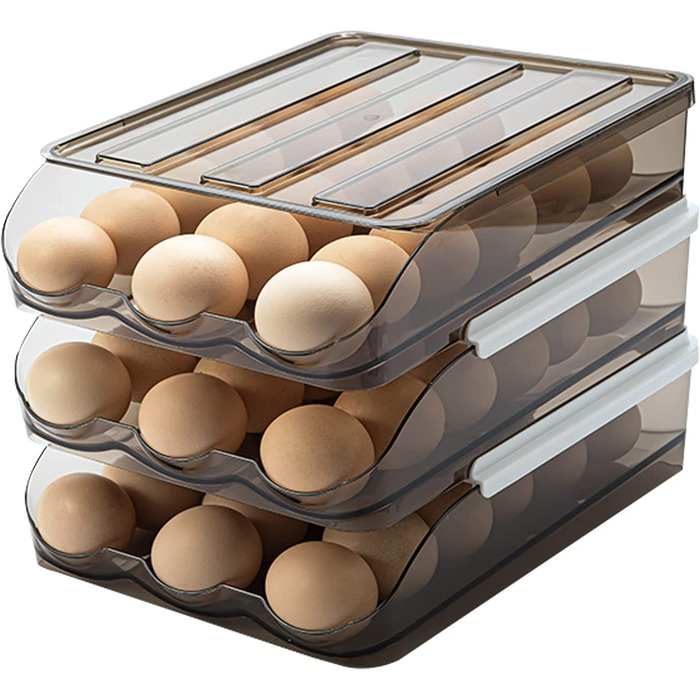 Контейнер для яєць для холодильника Автоматичний тримач для яєць в рулонах для холодильника, ящик для зберігання яєць з кришкою, піднос для зберігання курячих яєць для домашніх господарств (3 шари)