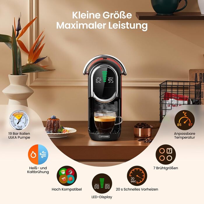 Кавомашина Magician1 Mini Kapselmaschine 5в1 для Nespresso, Dolce Gusto, Lavazza A Modo Mio, ESE 44, кавової гущі | 20 бар, 1450 Вт, LED-дисплей, 7 рівнів води | для дому та офісу, червона