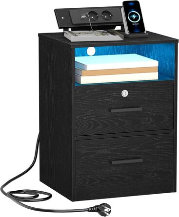Тумба Hzuaneri з USB і Type-C, LED-підсвіткою, 2 шухляди з замком, відкрита полиця, чорна, для спальні та вітальні
