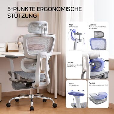Ергономічне крісло для офісу з підніжкою та подушкою для шиї, 5-рівнева регульована спинка, 2D підтримка попереку, 3D підлокітники/підголівник, функція нахилу 145°, сітчасте сидіння, гумові колеса (Сірий, Lite)