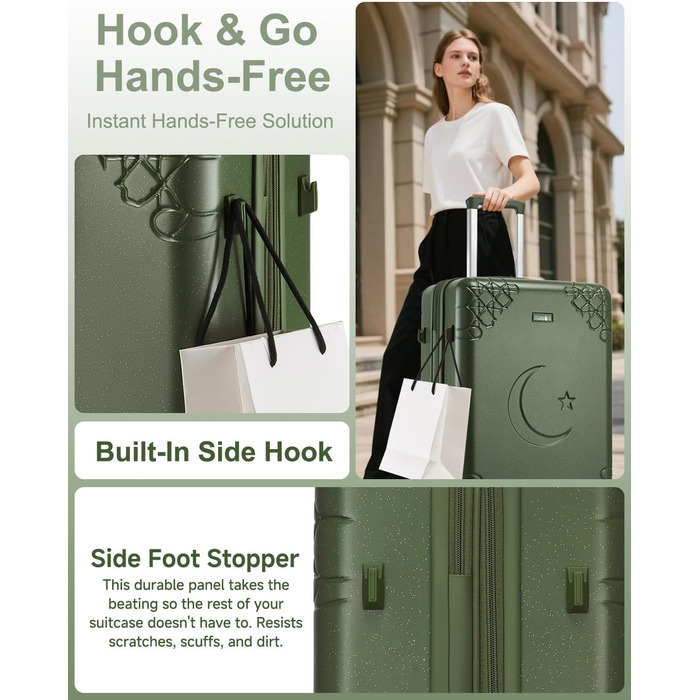 Набір валіз Sea Choice: 3 валізи з жорстким корпусом, розширювані, на 4 колесах, легкі, з TSA замком (зелений, ручна поклажа 20 дюймів)