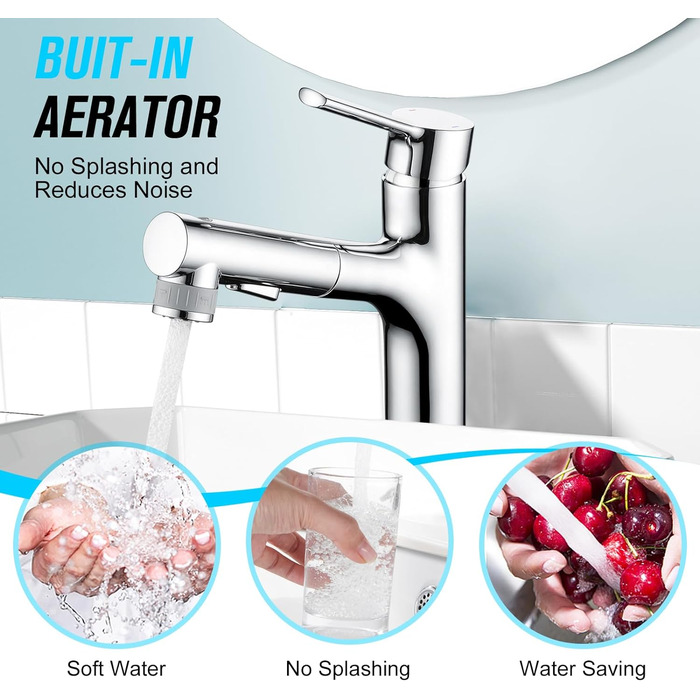 Сучасний змішувач для ванної кімнати CREA з висувною лійкою, 2 режими струменя, з міді, хром, для умивальника