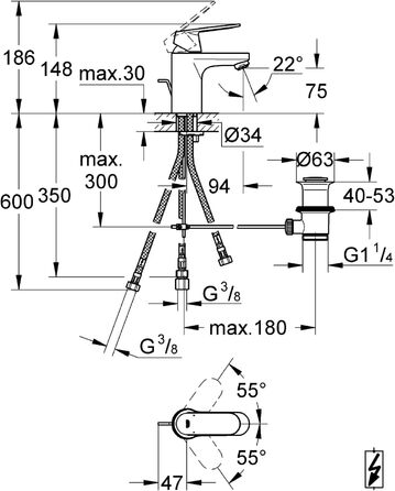 Змішувач для ванної кімнати GROHE Eurosmart Cosmopolitan, хром, 30 см, водозберігаючий, з витяжною штангою, 32830001