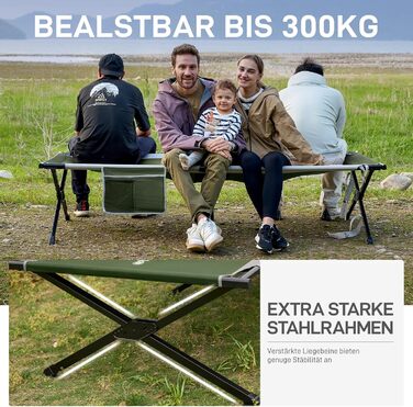 Розкладне ліжко для кемпінгу EVER ADVANCED XXL (214x106 см), посилене кемпінг-ліжко до 300 кг для відпочинку на природі, пляжі та вдома (Зелене)