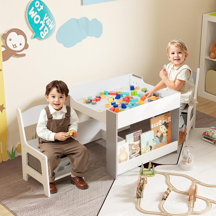 Дитячий стіл з 2 стільцями COSTWAY: дерев'яний набір 4 в 1 з регульованою стільницею, полицями та ящиками для зберігання, для дітей від 3 років (сірий)