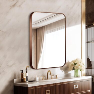 Дзеркало для ванної кімнати на стіну з круглим кутом та коричневим металевим каркасом, 76.2 x 50.8 см, бронза, для ванної, передпокою, вітальні, спальні