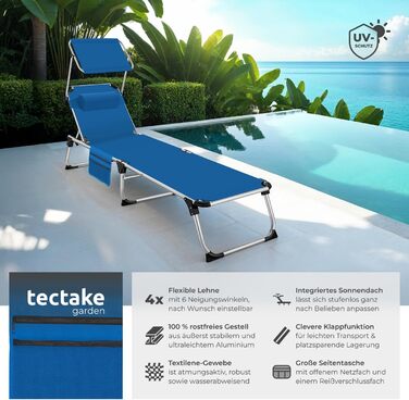 Шезлонг Tectake з дахом, шезлонг для балкона з алюмінію, складаний садовий шезлонг, стійкий до погодних умов, лежак для саду, кемпінгу та пляжу, регульована спинка, подушка для голови, бічна кишеня - сірий меланж (блакитний)