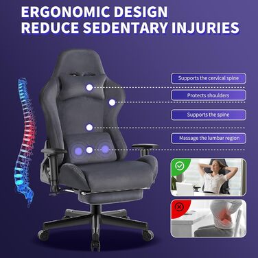 Ігровий крісло JUMMICO з тканини, офісне крісло з масажем, ергономічний офісний стілець, регульовані підлокітники, 90-180° нахил, 200 кг, сірий