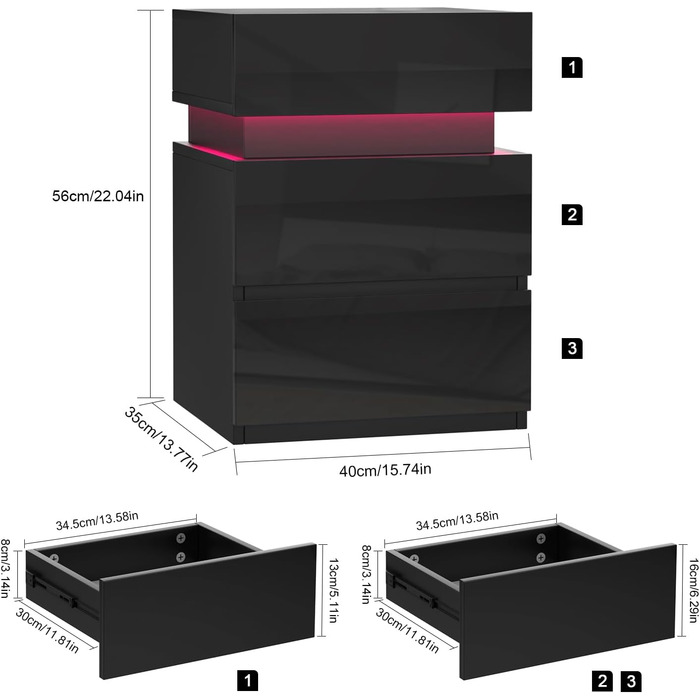 Набір з 2 тумбочок Чорний Глянцевий з LED підсвічуванням, 3 шухляди, 16 кольорів, 40x35x55см