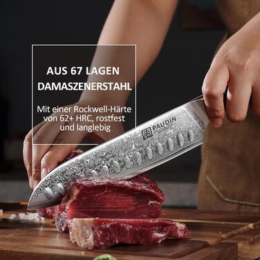 PAUDIN Сантоку ніж з дамаської сталі 17 см, професійний кухонний ніж з VG10 серцем, ергономічна ручка G10