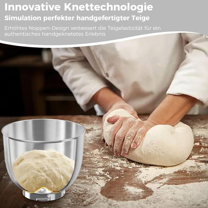 Кухонна машина YASHE 1500W з 2 чашами (4,5L та 5L), 10 швидкостей, нахилений корпус, з гаком для тіста, вінчиком та набором насадок, мультифункціональна