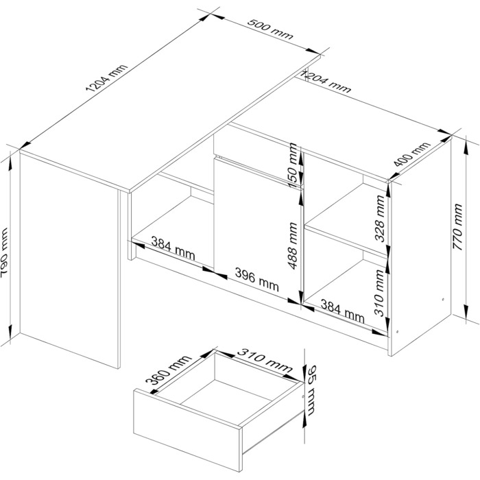 Кутовий письмовий стіл B-17, комбінований стіл 2-в-1 комод з 1 шухлядою, 1 відділенням для зберігання з дверцятами та 2 відкритими полицями, габаритні розміри (білий/дуб сонома) білий/дуб сонома (білий / глянець металік)