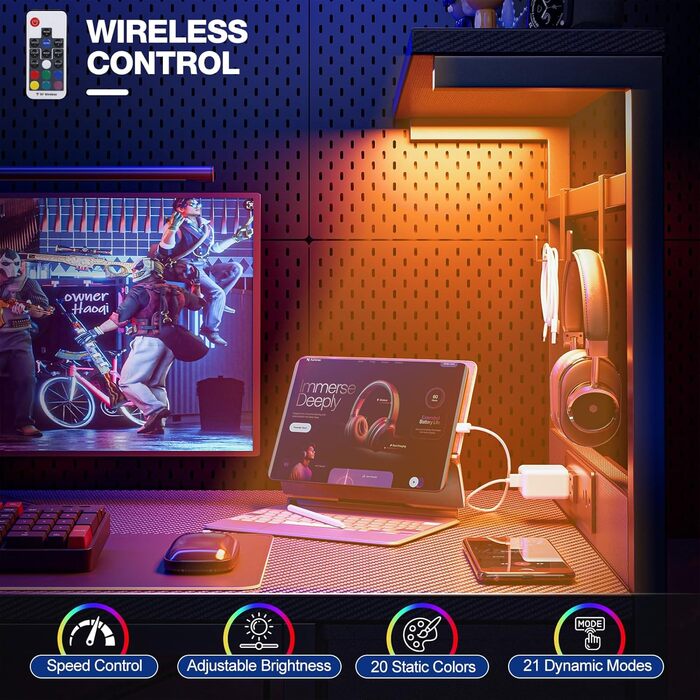 Ігровий стіл Grandder 120 см з розеткою та LED-підсвічуванням, комп'ютерний стіл з регульованими полицями та шухлядою, білий (100 x 50 см, карбоновий дизайн)